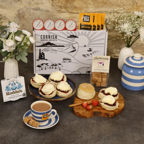 Gluten-free scones, jam and cream in a tea hamper for four